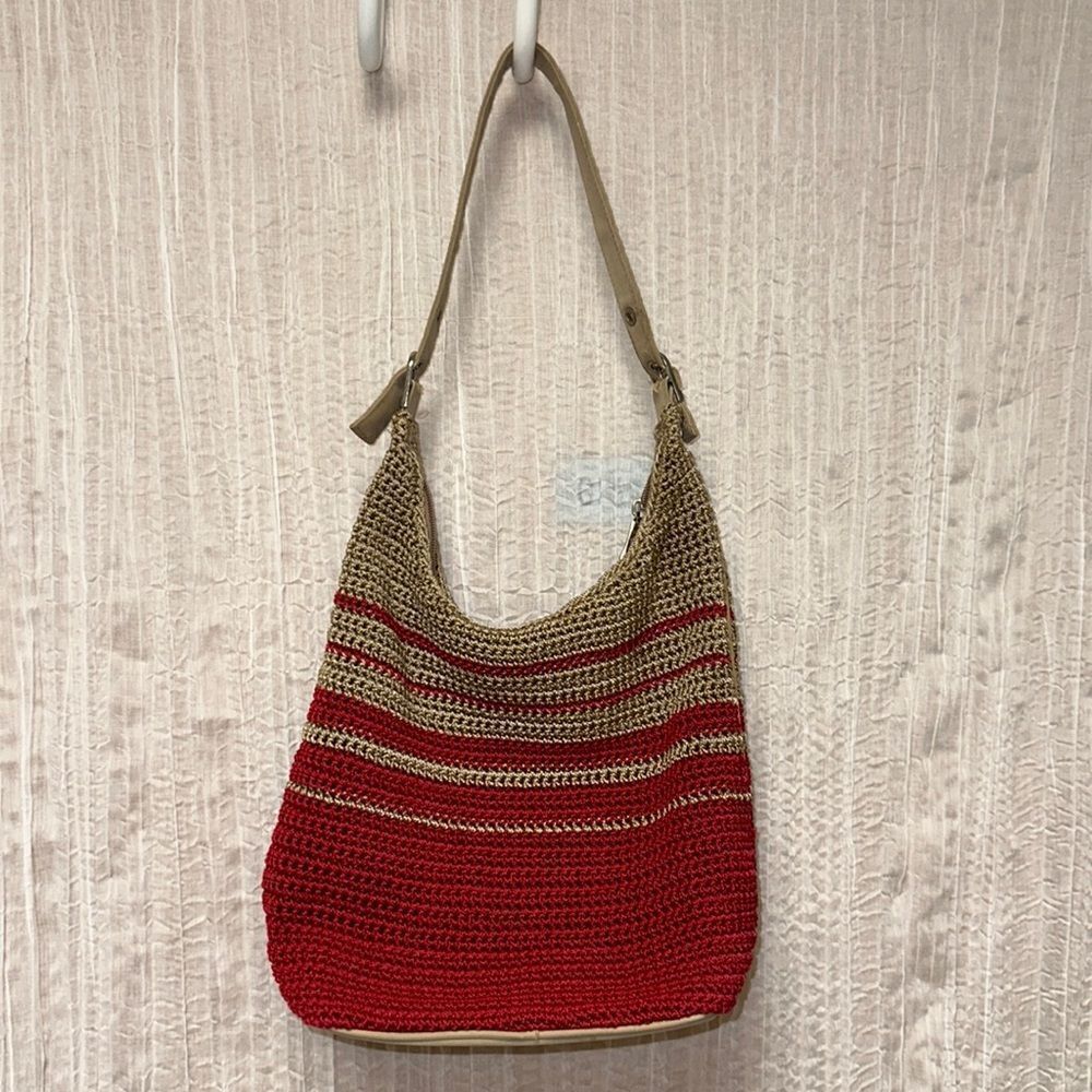 Red Tan Macrame Crochet Hobo Bag Purse